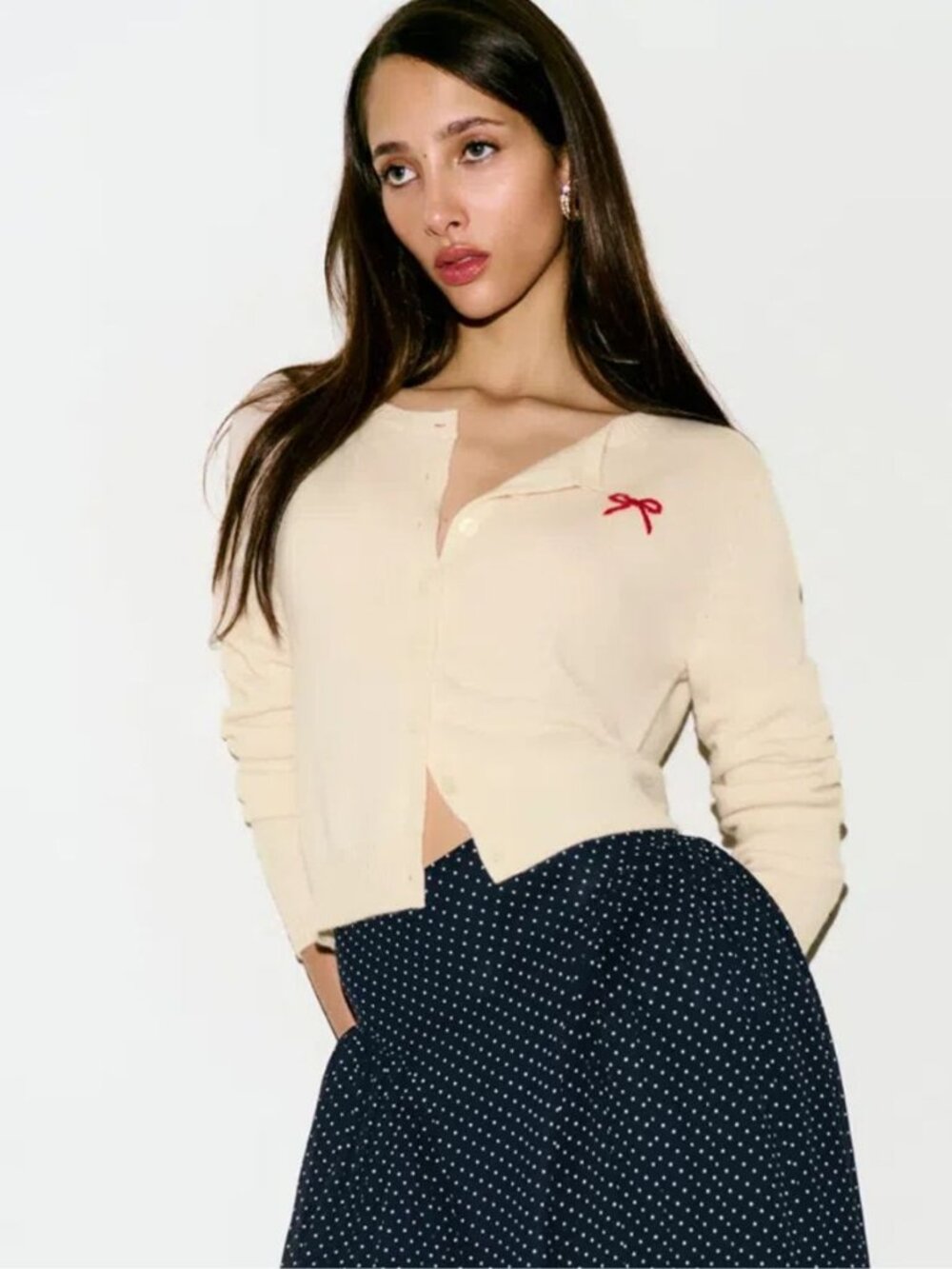 Reformation Clara Cardigan Bow Embroidery Crew Neck Cashmere Button Size XS
